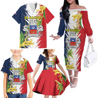Ra Hachiri 976 Family Matching Off The Shoulder Long Sleeve Dress and Hawaiian Shirt Coat Of Arms With Ylang Ylang