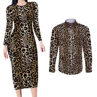 African Leopard Skin Pattern Couples Matching Long Sleeve Bodycon Dress and Long Sleeve Button Shirt