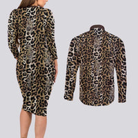 African Leopard Skin Pattern Couples Matching Long Sleeve Bodycon Dress and Long Sleeve Button Shirt