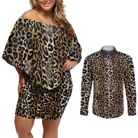 African Leopard Skin Pattern Couples Matching Off Shoulder Short Dress and Long Sleeve Button Shirt