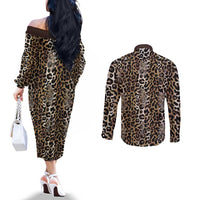 African Leopard Skin Pattern Couples Matching Off The Shoulder Long Sleeve Dress and Long Sleeve Button Shirt