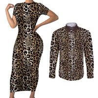 African Leopard Skin Pattern Couples Matching Short Sleeve Bodycon Dress and Long Sleeve Button Shirt