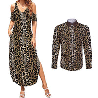 African Leopard Skin Pattern Couples Matching Summer Maxi Dress and Long Sleeve Button Shirt
