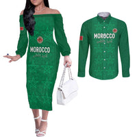 Custom Morocco Football Couples Matching Off The Shoulder Long Sleeve Dress and Long Sleeve Button Shirt Sir Sir Sir