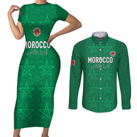 Custom Morocco Football Couples Matching Short Sleeve Bodycon Dress and Long Sleeve Button Shirt Sir Sir Sir