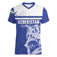 Custom Uzbekistan Football 2026 Women V-Neck T-Shirt White Wolves Rising