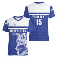 Custom Uzbekistan Football 2026 Women V-Neck T-Shirt White Wolves Rising