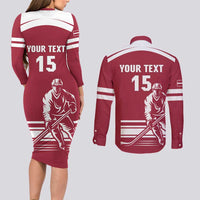 Custom Latvia Hockey Couples Matching Long Sleeve Bodycon Dress and Long Sleeve Button Shirt Latvija Latvija
