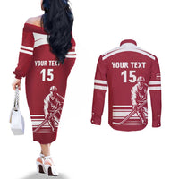 Custom Latvia Hockey Couples Matching Off The Shoulder Long Sleeve Dress and Long Sleeve Button Shirt Latvija Latvija