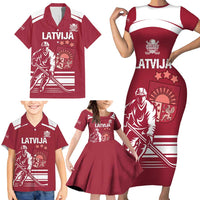 Custom Latvia Hockey Family Matching Short Sleeve Bodycon Dress and Hawaiian Shirt Latvija Latvija