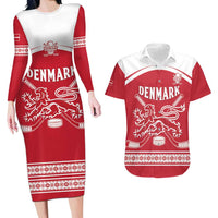 Custom Denmark Hockey Couples Matching Long Sleeve Bodycon Dress and Hawaiian Shirt Come On Danish Lions