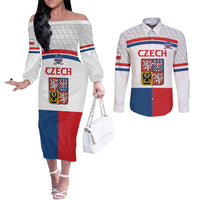 Custom Czech Hockey Couples Matching Off The Shoulder Long Sleeve Dress and Long Sleeve Button Shirt Go Cesko
