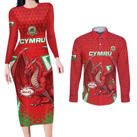 Wales Rugby Custom Couples Matching Long Sleeve Bodycon Dress and Long Sleeve Button Shirt Dragon Scales Style - Wonder Print Shop