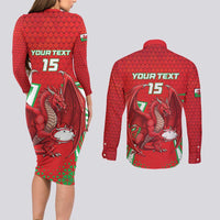 Wales Rugby Custom Couples Matching Long Sleeve Bodycon Dress and Long Sleeve Button Shirt Dragon Scales Style - Wonder Print Shop