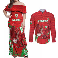 Wales Rugby Custom Couples Matching Off Shoulder Maxi Dress and Long Sleeve Button Shirt Dragon Scales Style - Wonder Print Shop