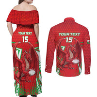 Wales Rugby Custom Couples Matching Off Shoulder Maxi Dress and Long Sleeve Button Shirt Dragon Scales Style - Wonder Print Shop