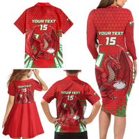 Wales Rugby Custom Family Matching Long Sleeve Bodycon Dress and Hawaiian Shirt Dragon Scales Style - Wonder Print Shop