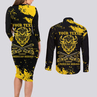 Personalized Bison Buffalo Soldiers Couples Matching Long Sleeve Bodycon Dress and Long Sleeve Button Shirt American Heroes - Black Grunge Style - Wonder Print Shop