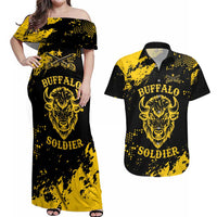 Personalized Bison Buffalo Soldiers Couples Matching Off Shoulder Maxi Dress and Hawaiian Shirt American Heroes - Black Grunge Style - Wonder Print Shop
