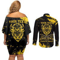 Personalized Bison Buffalo Soldiers Couples Matching Off Shoulder Short Dress and Long Sleeve Button Shirt American Heroes - Black Grunge Style - Wonder Print Shop