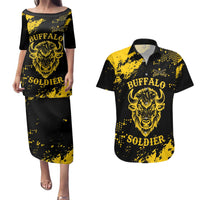 Personalized Bison Buffalo Soldiers Couples Matching Puletasi and Hawaiian Shirt American Heroes - Black Grunge Style - Wonder Print Shop