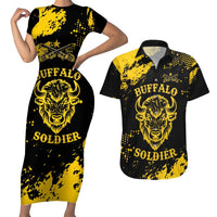 Personalized Bison Buffalo Soldiers Couples Matching Short Sleeve Bodycon Dress and Hawaiian Shirt American Heroes - Black Grunge Style - Wonder Print Shop