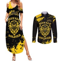 Personalized Bison Buffalo Soldiers Couples Matching Summer Maxi Dress and Long Sleeve Button Shirt American Heroes - Black Grunge Style - Wonder Print Shop