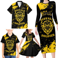 Personalized Bison Buffalo Soldiers Family Matching Long Sleeve Bodycon Dress and Hawaiian Shirt American Heroes - Black Grunge Style - Wonder Print Shop