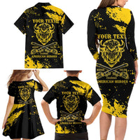 Personalized Bison Buffalo Soldiers Family Matching Long Sleeve Bodycon Dress and Hawaiian Shirt American Heroes - Black Grunge Style - Wonder Print Shop