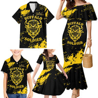 Personalized Bison Buffalo Soldiers Family Matching Mermaid Dress and Hawaiian Shirt American Heroes - Black Grunge Style - Wonder Print Shop