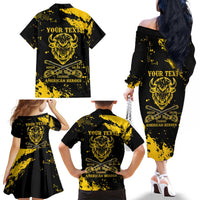 Personalized Bison Buffalo Soldiers Family Matching Off The Shoulder Long Sleeve Dress and Hawaiian Shirt American Heroes - Black Grunge Style - Wonder Print Shop