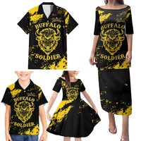 Personalized Bison Buffalo Soldiers Family Matching Puletasi and Hawaiian Shirt American Heroes - Black Grunge Style - Wonder Print Shop