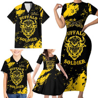 Personalized Bison Buffalo Soldiers Family Matching Short Sleeve Bodycon Dress and Hawaiian Shirt American Heroes - Black Grunge Style - Wonder Print Shop