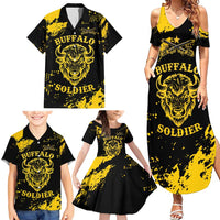 Personalized Bison Buffalo Soldiers Family Matching Summer Maxi Dress and Hawaiian Shirt American Heroes - Black Grunge Style - Wonder Print Shop