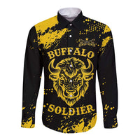 Personalized Bison Buffalo Soldiers Long Sleeve Button Shirt American Heroes - Black Grunge Style - Wonder Print Shop