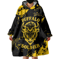 Personalized Bison Buffalo Soldiers Wearable Blanket Hoodie American Heroes - Black Grunge Style - Wonder Print Shop