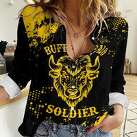 Personalized Bison Buffalo Soldiers Women Casual Shirt American Heroes - Black Grunge Style - Wonder Print Shop