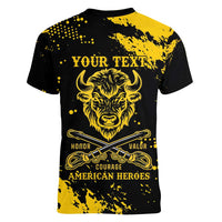 Personalized Bison Buffalo Soldiers Women V-Neck T-Shirt American Heroes - Black Grunge Style - Wonder Print Shop