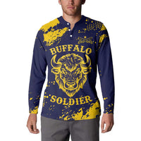 Personalized Bison Buffalo Soldiers Button Sweatshirt American Heroes - Blue Grunge Style - Wonder Print Shop