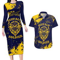 Personalized Bison Buffalo Soldiers Couples Matching Long Sleeve Bodycon Dress and Hawaiian Shirt American Heroes - Blue Grunge Style - Wonder Print Shop