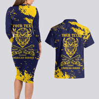 Personalized Bison Buffalo Soldiers Couples Matching Long Sleeve Bodycon Dress and Hawaiian Shirt American Heroes - Blue Grunge Style - Wonder Print Shop