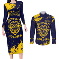 Personalized Bison Buffalo Soldiers Couples Matching Long Sleeve Bodycon Dress and Long Sleeve Button Shirt American Heroes - Blue Grunge Style - Wonder Print Shop