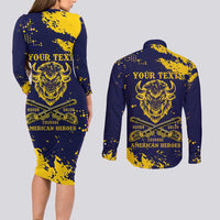 Personalized Bison Buffalo Soldiers Couples Matching Long Sleeve Bodycon Dress and Long Sleeve Button Shirt American Heroes - Blue Grunge Style - Wonder Print Shop