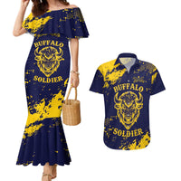 Personalized Bison Buffalo Soldiers Couples Matching Mermaid Dress and Hawaiian Shirt American Heroes - Blue Grunge Style - Wonder Print Shop