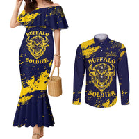 Personalized Bison Buffalo Soldiers Couples Matching Mermaid Dress and Long Sleeve Button Shirt American Heroes - Blue Grunge Style - Wonder Print Shop
