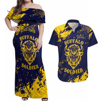 Personalized Bison Buffalo Soldiers Couples Matching Off Shoulder Maxi Dress and Hawaiian Shirt American Heroes - Blue Grunge Style - Wonder Print Shop