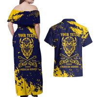 Personalized Bison Buffalo Soldiers Couples Matching Off Shoulder Maxi Dress and Hawaiian Shirt American Heroes - Blue Grunge Style - Wonder Print Shop