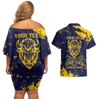 Personalized Bison Buffalo Soldiers Couples Matching Off Shoulder Short Dress and Hawaiian Shirt American Heroes - Blue Grunge Style - Wonder Print Shop