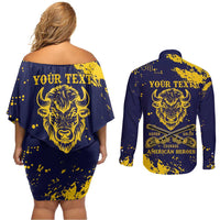 Personalized Bison Buffalo Soldiers Couples Matching Off Shoulder Short Dress and Long Sleeve Button Shirt American Heroes - Blue Grunge Style - Wonder Print Shop