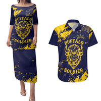 Personalized Bison Buffalo Soldiers Couples Matching Puletasi and Hawaiian Shirt American Heroes - Blue Grunge Style - Wonder Print Shop